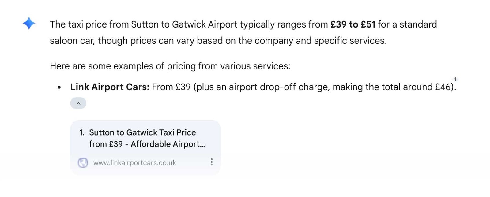 Sutton to Gatwick Taxi Price - Google Gemini (AI) Result 